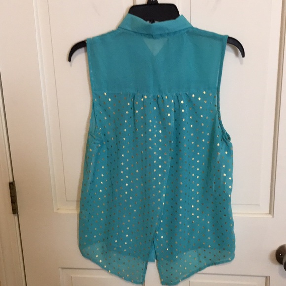 Beautiful Sleeveless Blouse Top Green Gold Dots Collar M L - Picture 6 of 10